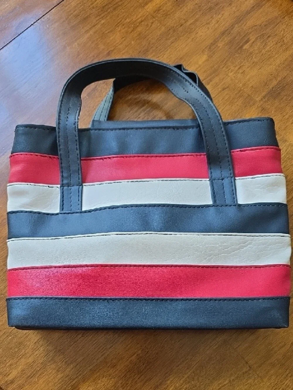 Vintage 1970s Naugahyde Striped Navy, Red & White Women’s Top-Handle Granny Bag